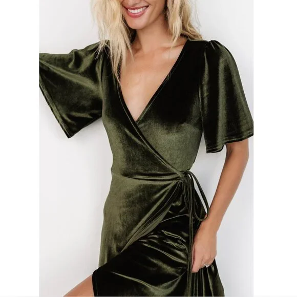 NWT Baltic Born | Katelyn Dark Olive Green Velvet Maxi Wrap Dress | Size XXL - Picture 2 of 15